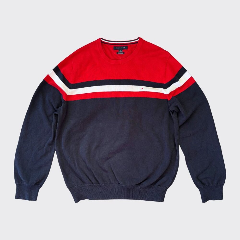 Tommy Hilfiger Men’s Crewneck Cotton Sweater L Red Navy Colorblock Logo